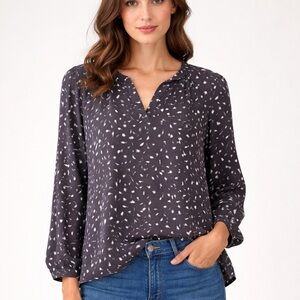 Loft Gray Long Sleeve Blouse White Abstract Print V-Neck Blouson Sleeve Medium
